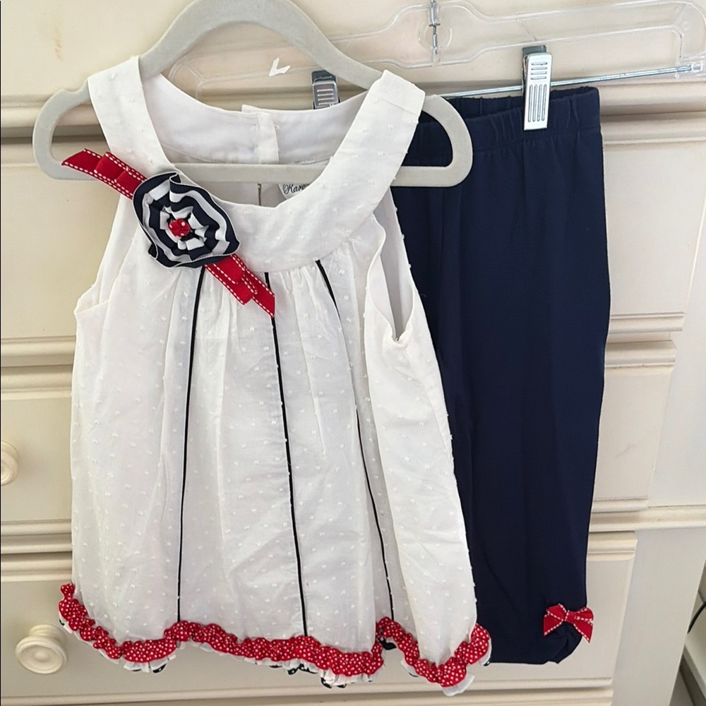Rare Editions White & Navy Girls Dress Set with pants size 5